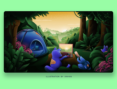 Whimsical forest office illustration animal camping cartoon digital forest illustration leaves nature office outdoors remote tent trees work workplace