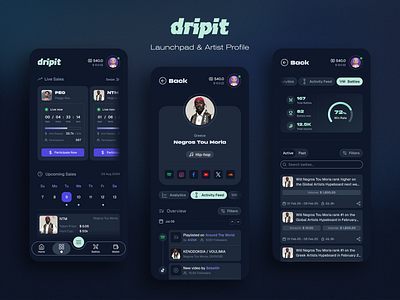 Dripit App — Explore Artists & Join Battles analytics artist profile battles bet calendar crypto app dark ui entertainment app graphs mobile app music app predict prediction market spotify statistics timeline token trading ux design web3