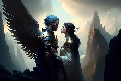 Angel Loves Princess Maiden angel and woman angel embracing woman angel love angel man and human woman digital art fantasy couple fantasy landscape illustration
