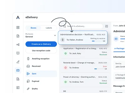 Autenti eDelivery autenti dashboard design e package edelivery layout sending documents ui web app