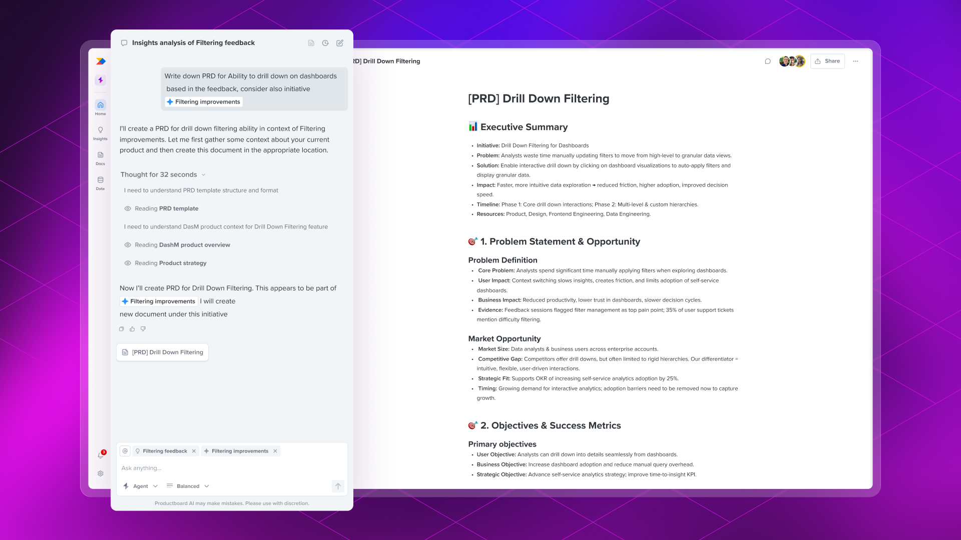 Productboard Spark AI chat agent ai ai agent ai chat artificial intelligence chat documents prd product product documents product management productboard spark ui writing