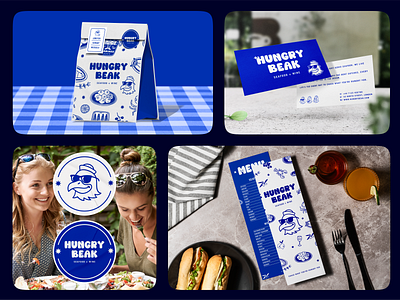 Hungry Beaks Branding blue and white branding business card food branding graphic design logo mascot menu design packaging restaurant branding social media stickers vector