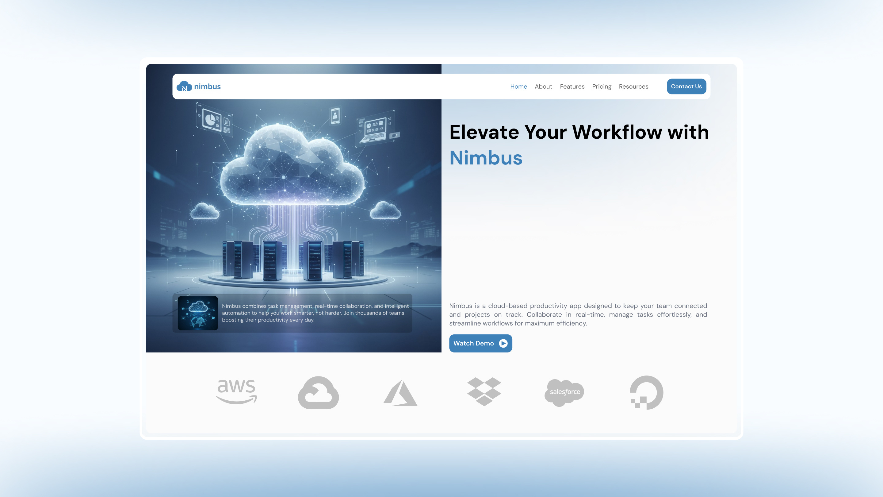 Nimbus - Cloud-based Productivity App Landing Page Design 3d animation branding design figma graphic design illustration landing page logo modern motion graphics ui web design