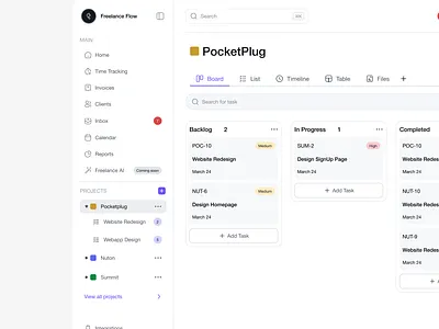 Freelance Flow - A Unified Productivity Tool for Freelancers clean design clickup dashboard design desktop app figma freelancers jira kanban board minimalist productivity app project management saas task management ui design ux design web application web design