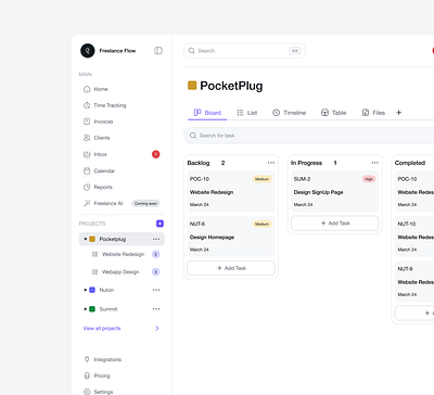 Freelance Flow - A Unified Productivity Tool for Freelancers clean design clickup dashboard design desktop app figma freelancers jira kanban board minimalist productivity app project management saas task management ui design ux design web application web design