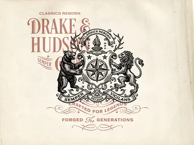Drake & Hudson Crest bear branding coat of arms crest engraving etching graphic design hand drawn identity illustration lion logo logo design medieval shield typeface typography vintage