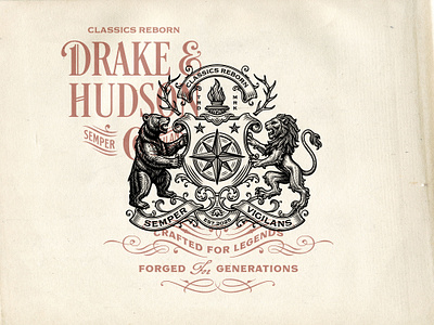 Drake & Hudson Crest bear branding coat of arms crest engraving etching graphic design hand drawn identity illustration lion logo logo design medieval shield typeface typography vintage