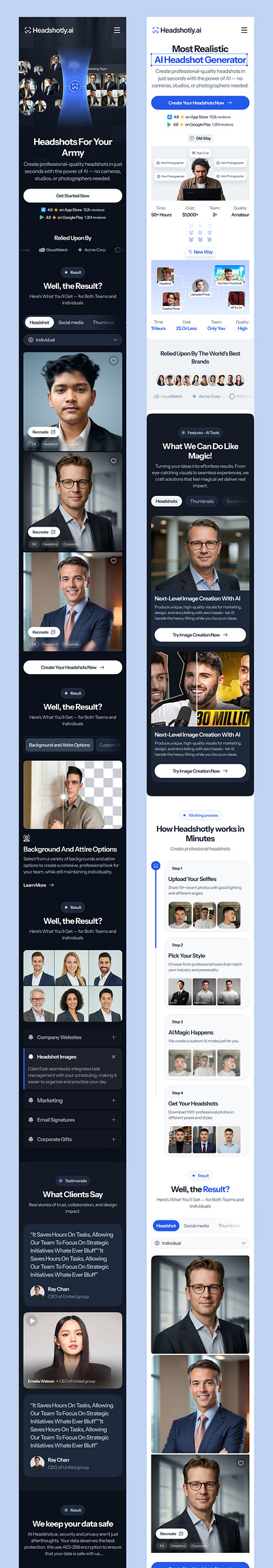 Responsive design for Headshotly landing and enterprise pages ai landing page landing page design ui ui design