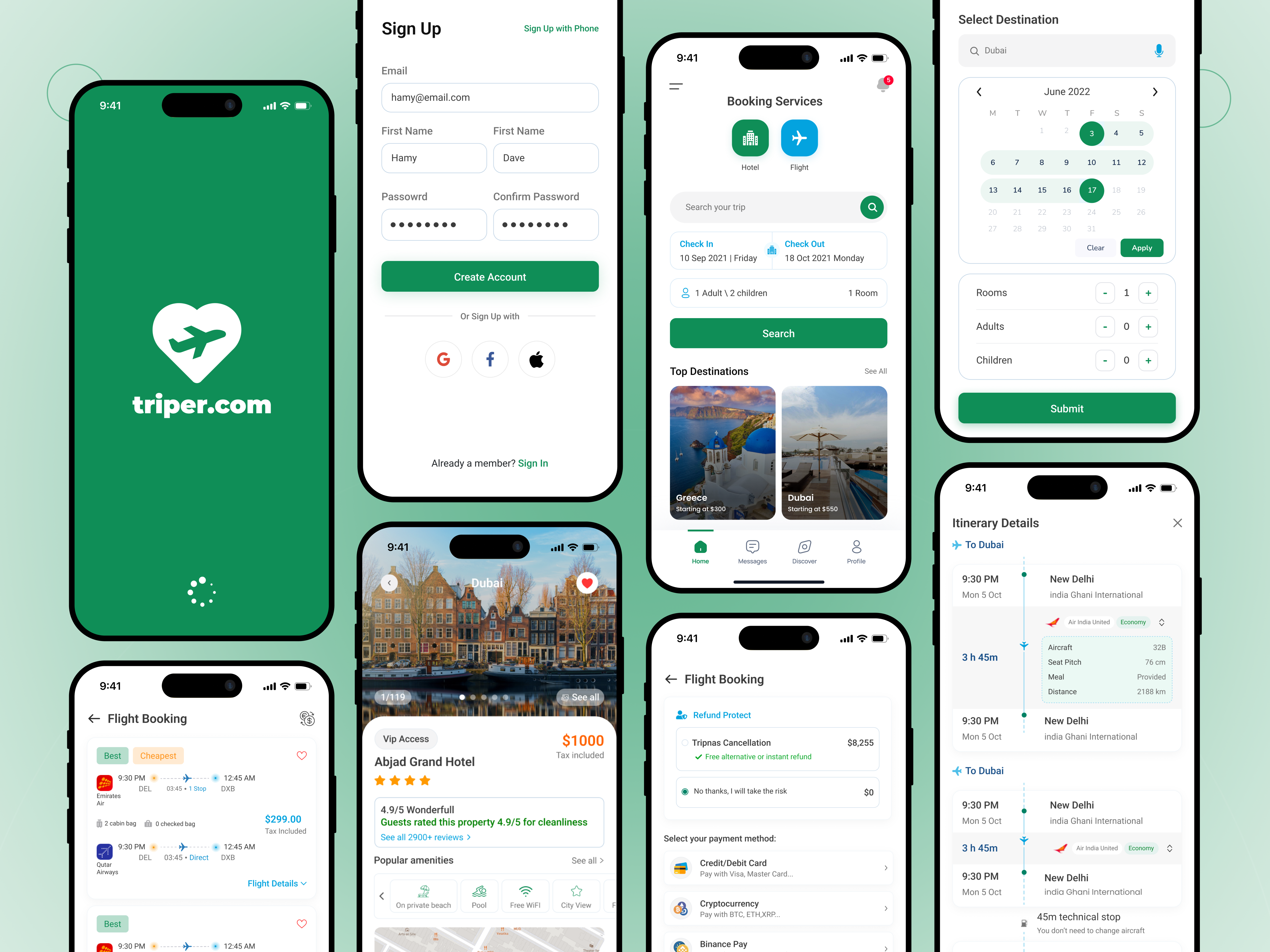 Travel and Flight Booking App app design app ui booking app clean ui figma flight booking green palette hotel booking ios app minimalist ui mobile app mobile app design mobile ui product design travel app travel ui ui design ux design