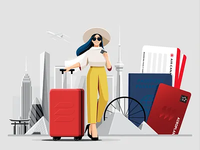 Travel Essentials boarding pass character colorful flight girl illustration landmark passport suitcase travel vacation vector woman