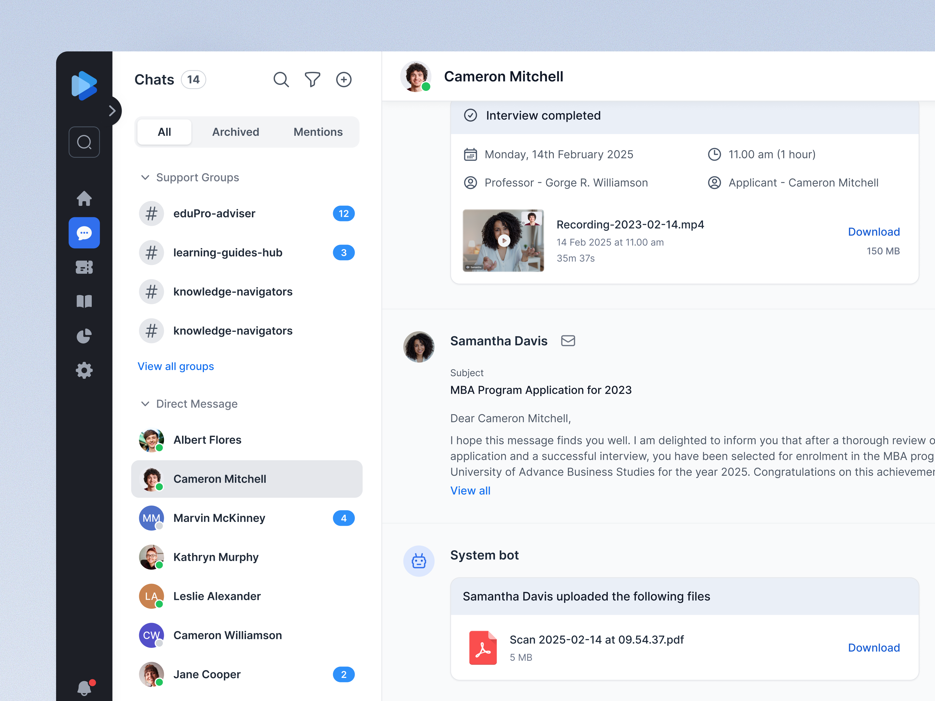 University agent Chat UI - EdTech Platform agent profile agent student conversation b2b saas product chat conversation crm edtech edtech application educational technology live tickets message product design saasui student service agent university agents uxui