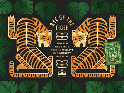 Rye of the Tiger 56 brewing barrel aged beer bottle brewery brewing foil geometric illustration jungle label leaf minneapolis minnesota monstera rye stamp stout tiger vector