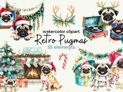 Retro Pugmas Clipart christmas clipart cozy cute dog dogmas graphic illustration pet pug pugmas puppy retro vintage watercolor