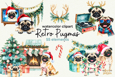 Retro Pugmas Clipart christmas clipart cozy cute dog dogmas graphic illustration pet pug pugmas puppy retro vintage watercolor