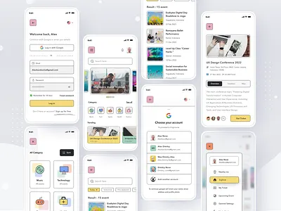 Event App app card categories clean design event music search ui