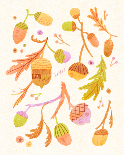 Say Hello to my new Peachtober Neighbors acorn art artwork autumn childrenillustration design hello house illust illustration ipad kidlitillustration leaf nature pattern peachtober25 photoshop tweetyheather 동화