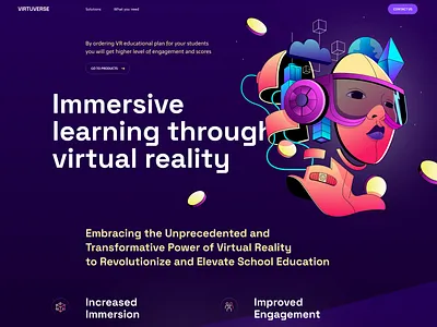 Virtuverse home page interaction 3d illustration clean layout design digital learning education figma illustration interface landing page layout learning platform product product design startup ui user experience ux virtual reality vr education web design