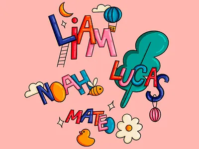 Baby names 2d abstract baby baby names bee cartoon child cute duck duck toy editorial illustration kid lettering letters names procreate text toy toys