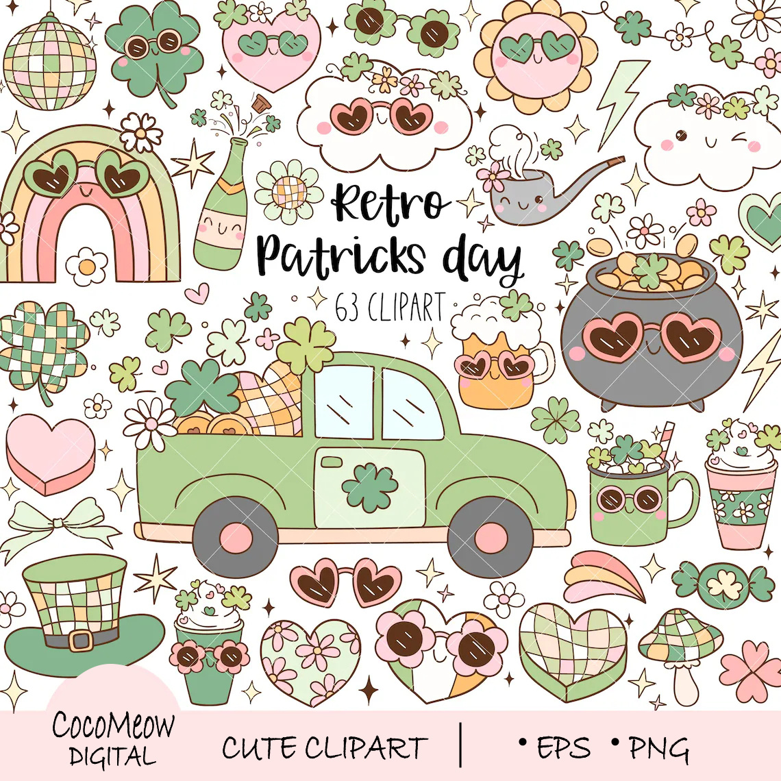 Groovy retro St patricks day clipart 3d animation app branding canvas creative design graphic design illustration lab logo motion graphics online reading study trophy typography ui ux vector