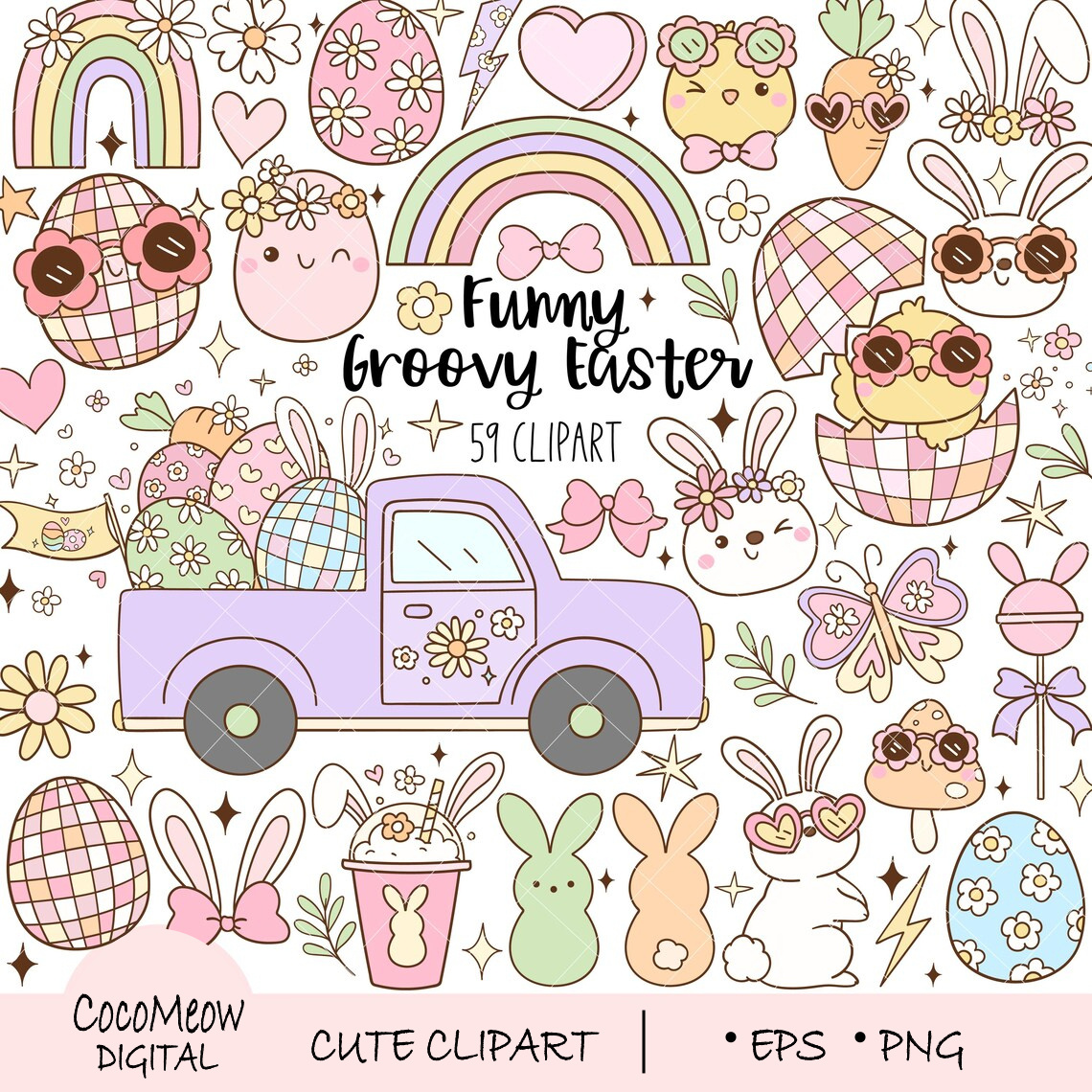Retro groovy easter clipart Pastel bear bug cat chinese christmas digital elf festival festive fox gift holiday illustration lock rabbit reindeer santa snow vector winter