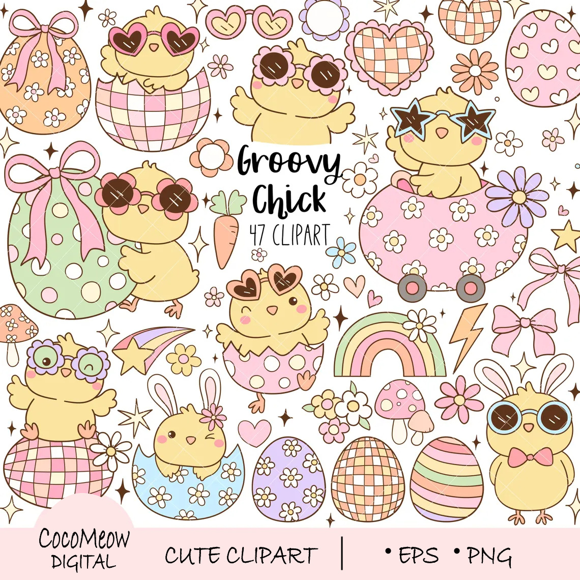 Groovy chick clipart Easter day angry anniversary confetti cool emoticons expression festive fun happy illustration kiss laugh love monkey sad sleep surprised sweat thumbup vector