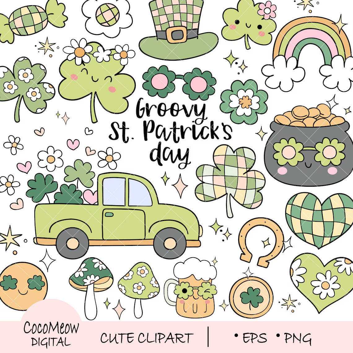 Groovy retro St. patrick's day Retro St Patricks clipart adopt balance calmness care cute family food healing home illustration love meditation mindfulness owner play reflection relaxation selfcare wellness yoga