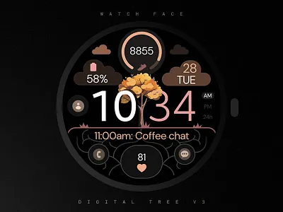 Digital Tree v3 Watch Face autumn black design elegant fall fitness graphic design illustration motivation orange samsung smartwatch technology tree ui watch watch face watchface wear os