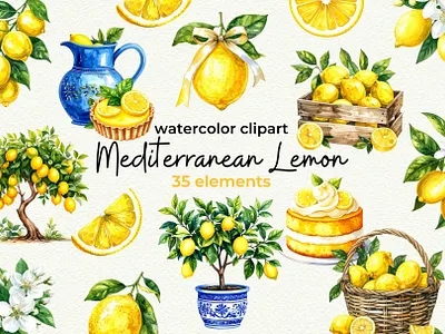 Mediterranean Lemon Clipart azulejo blue bright citrus clipart coastal cute graphic illustration italian lemon mediterranean tiles yellow