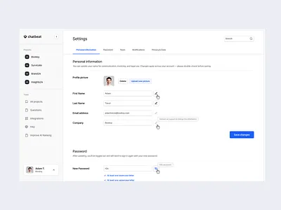 Settings pane for Chatbeat chatbeat desktop app light theme minimal design platform settings ux ui web application white