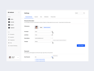 Settings pane for Chatbeat chatbeat desktop app light theme minimal design platform settings ux ui web application white