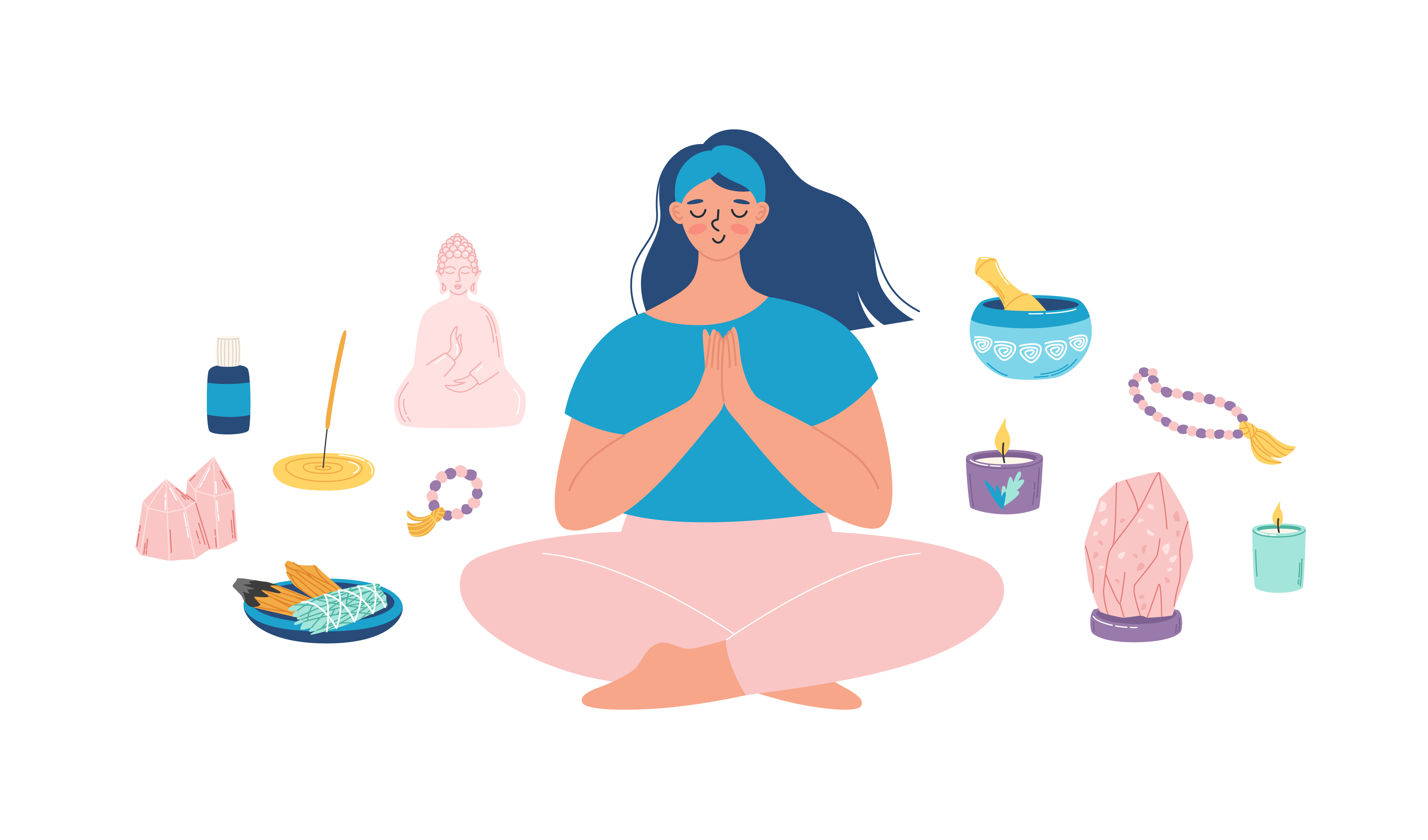 Meditating girl character female flat girl illustration lotus position meditating process meditation mental health vector woman yoga