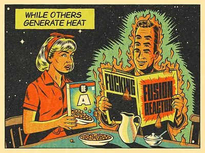 Be a fusion reactor breakfast comic book comics design figurative art illustration positive psychedelic retro surreal surrealism typography vector vintage