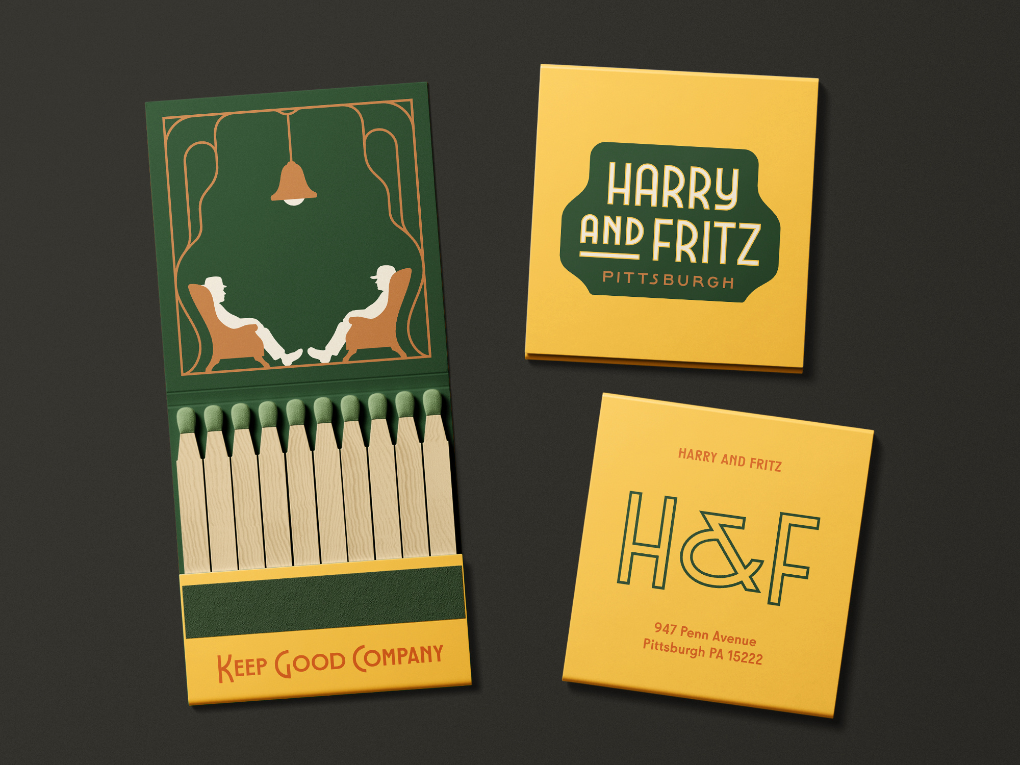 Harry and Fritz Matchbook art deco brand branding colorful custom food identity illustration lettering logo matchbook matchbox matches mockup outline restaurant type vintage wordmark