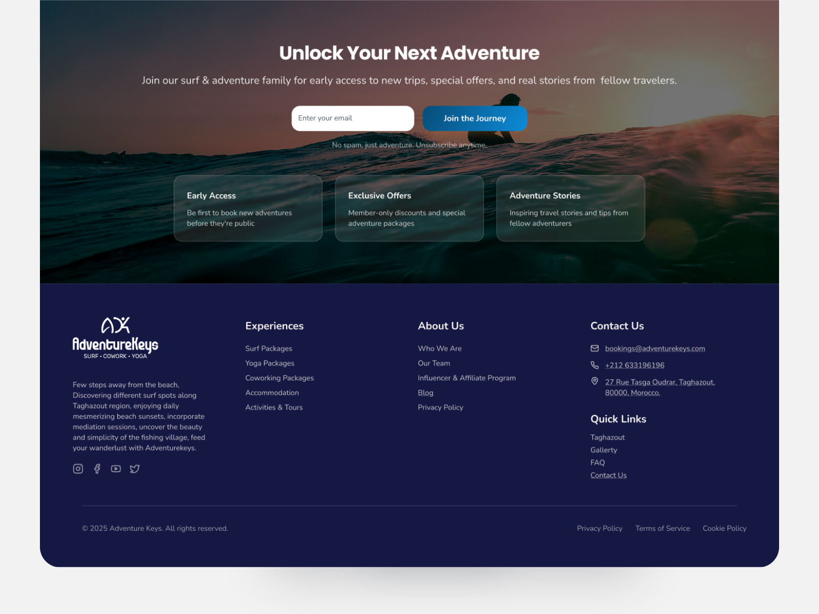 Waveform — Newsletter & Footer Design calmdesign cleanui figmadesign footerdesign landingpagedesign minimaldesign modernui newsletterdesign responsivewebdesign surfretreat travelwebsite uidesign uxcase uxdesign webdesign websiteui