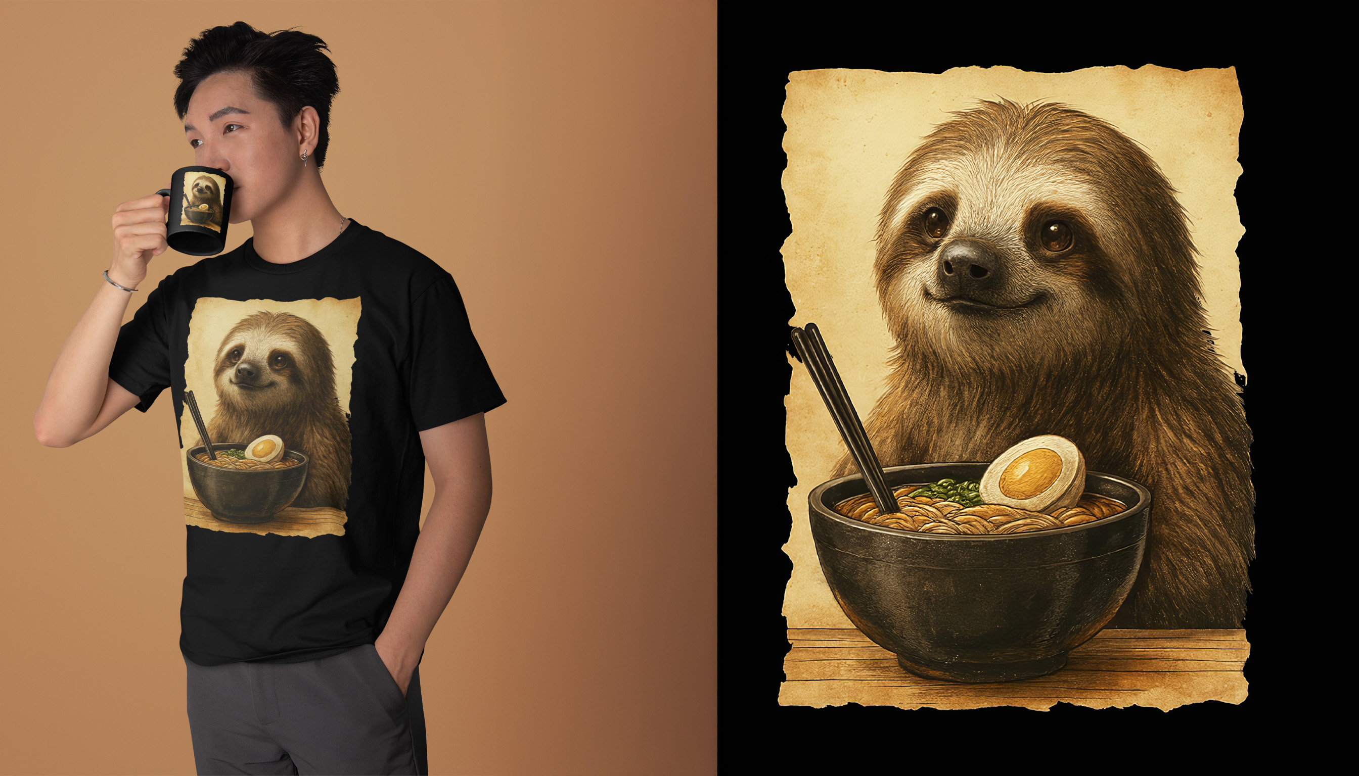 Funny Sloth Ramen Illustration — Apparel Context Mockup digital art ramen