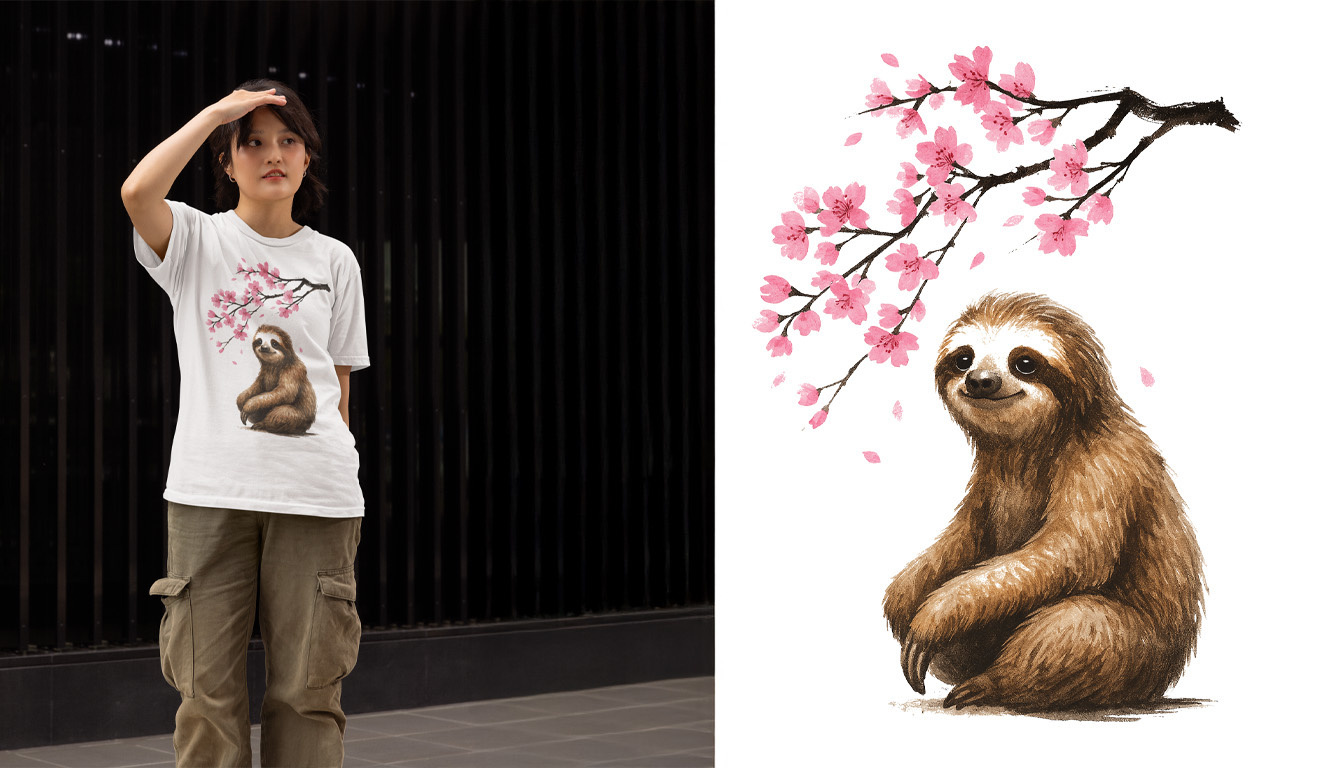 Sloth Cherry Blossoms Illustration — Apparel Context Mockup digital art sloth cherry blossoms