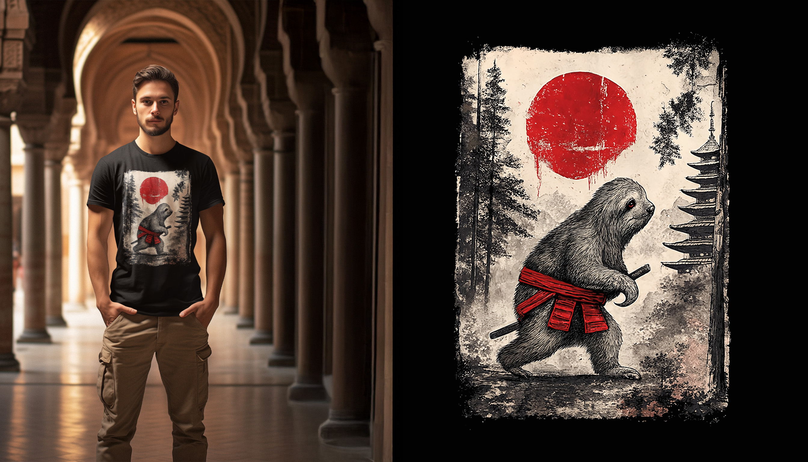 Samurai Sloth Illustration — Apparel Context Mockup digital art