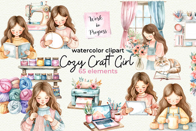 Cozy Craft Girl Clipart autumn clipart cozy craft craft supplies crafting crafts crafty crocheting cute girl graphic hobbies hobby illustration knitting sewing watercolor