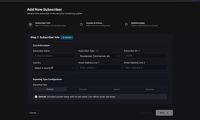 Security System New Subscriber Flow (Design to Code) dark ui design design to code figma figma make form hierarchy product design progress prototype security system status stepper subscriber ui ux vibe coding