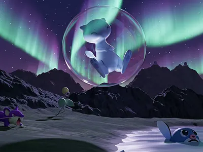 Bubble Mew Card (Style 3 Northern Lights) Pokémon Render 3d