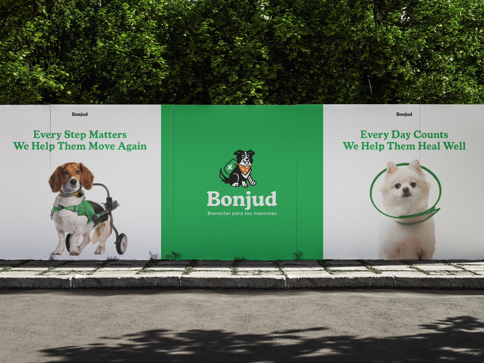 Bonjud Orthopedic Pet: Brand Application advertising design animal care billboard design brand communication brand consistency brand identity branding campaign design compassionate care graphic design line art logo outdoor advertising pet lovers pet marketing pet recovery pet wellness social media branding veterinary brand visual storytelling