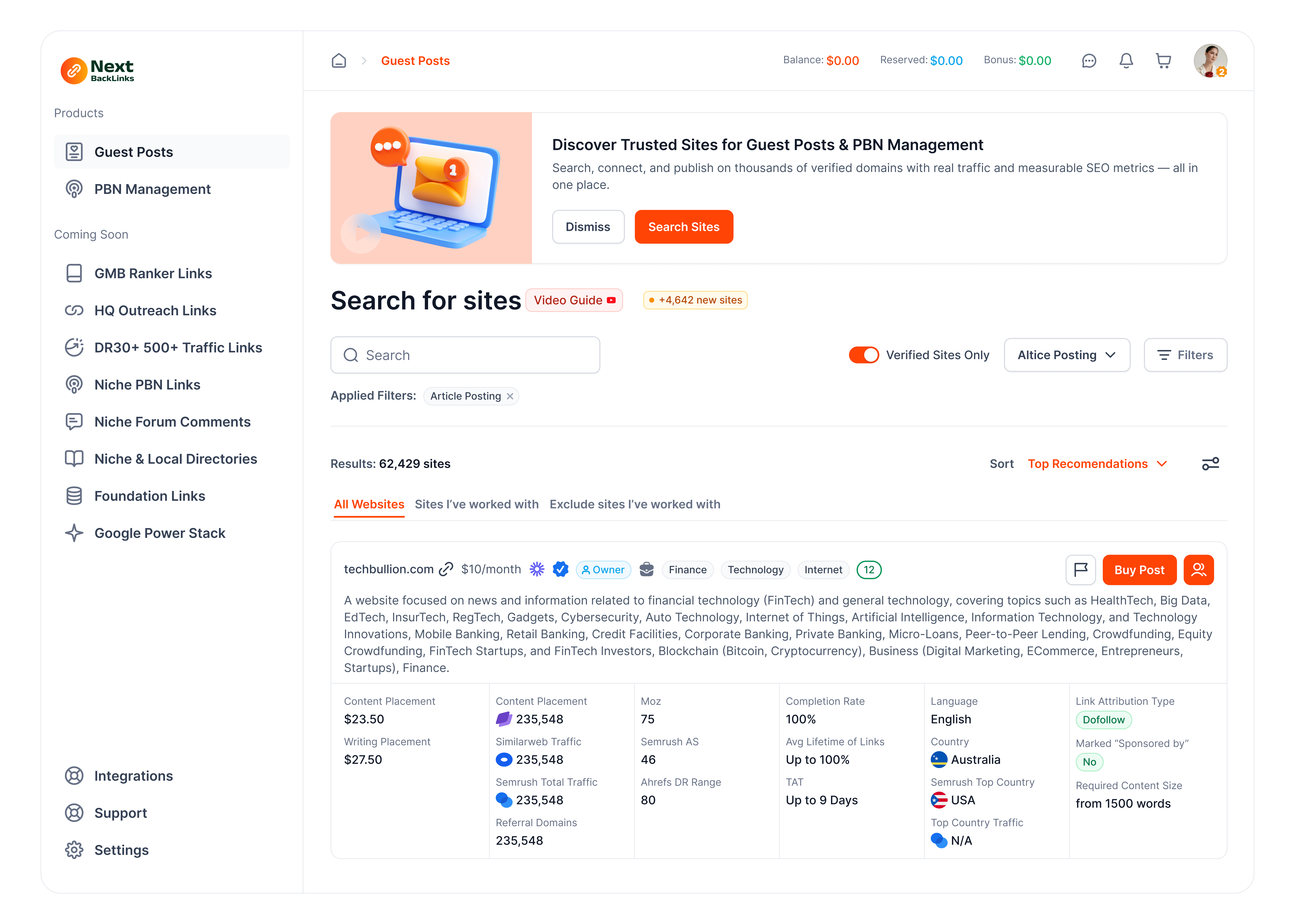 Next Backlinks — Modern SaaS Platform design feature desing guest posting pbn links product design saas seo tool ui user interface ux