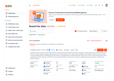 Next Backlinks — Modern SaaS Platform design feature desing guest posting pbn links product design saas seo tool ui user interface ux
