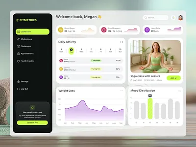 Fitness Dashboard Design animation charts clean dashboard data fitness homepage interaction interface light theme modern motion navigation sport statistic ui ui design uiux web design yoga