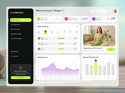 Fitness Dashboard Design animation charts clean dashboard data fitness homepage interaction interface light theme modern motion navigation sport statistic ui ui design uiux web design yoga