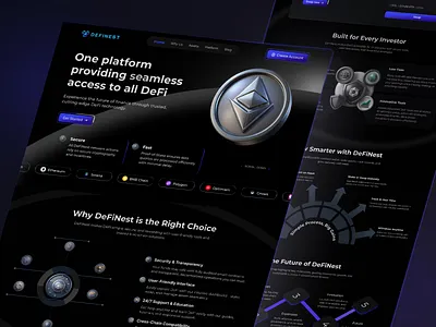 DeFiNest – Modern DeFi Platform Landing Page UI Design animation blockchain design crypto landing page crypto staking landing page crypto website design cryptocurrency dark mode ui decentralized finance decentralized finance ui defi landing page defi platform ui defi website digital finance website finance dashboard landing page swap ui trading ui web design web3 website concept