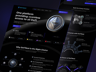DeFiNest – Modern DeFi Platform Landing Page UI Design animation blockchain design crypto landing page crypto staking landing page crypto website design cryptocurrency dark mode ui decentralized finance decentralized finance ui defi landing page defi platform ui defi website digital finance website finance dashboard landing page swap ui trading ui web design web3 website concept