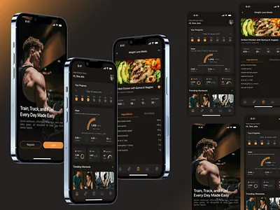 Fitness & Nutrition App — Train, Track, and Fuel app mobile dark mode ui design dashboard fitness mobile dashboard gym mobile dashboard mobile fitness app fitness app mobile fitness ui design gym app gym app mobile gym ui design onboarding onboarding design onboarding mobile onboarding ui design orange design mobile stread streak mobile streak ui design ui design