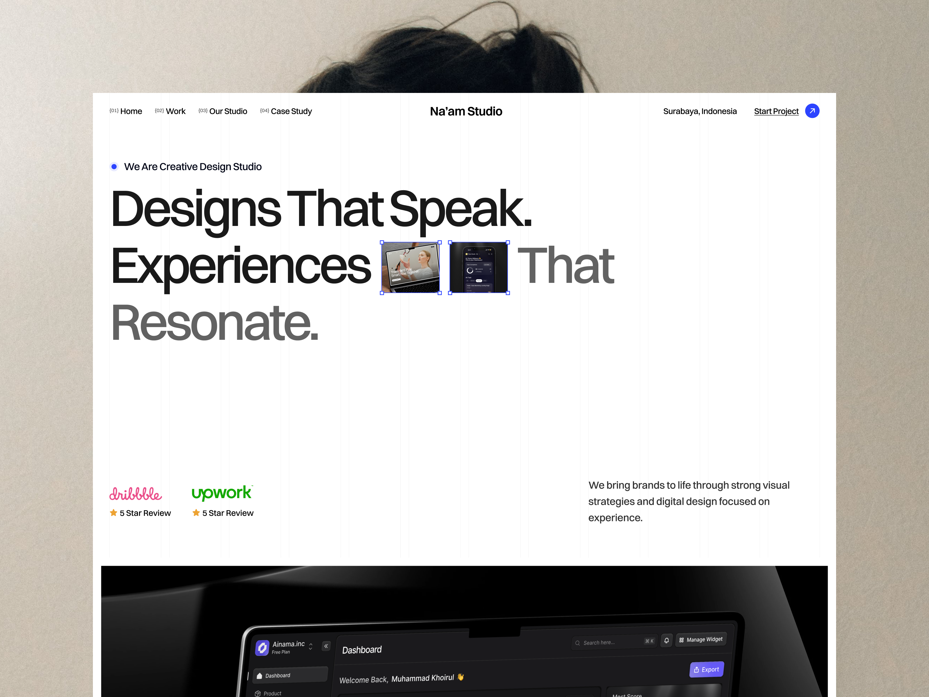 Na'am Studio - Design Studio Landing Page agency agency landing page bold typography clean design design design agency design portfolio design studio footer hero homepage landing page large font portfolio service studio typography ux design web design website