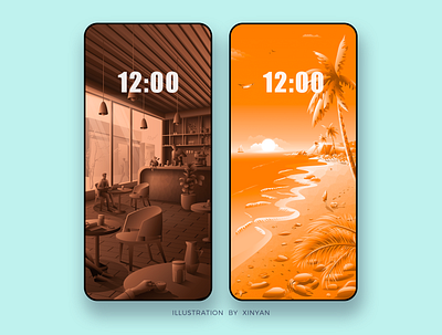 Cafe / Quiet Beach Landscape illustration adventure beach business cafe coast environment forest holiday illustration landscape illustration nature ocean outdoor palm sand travel vector wallpaper web working